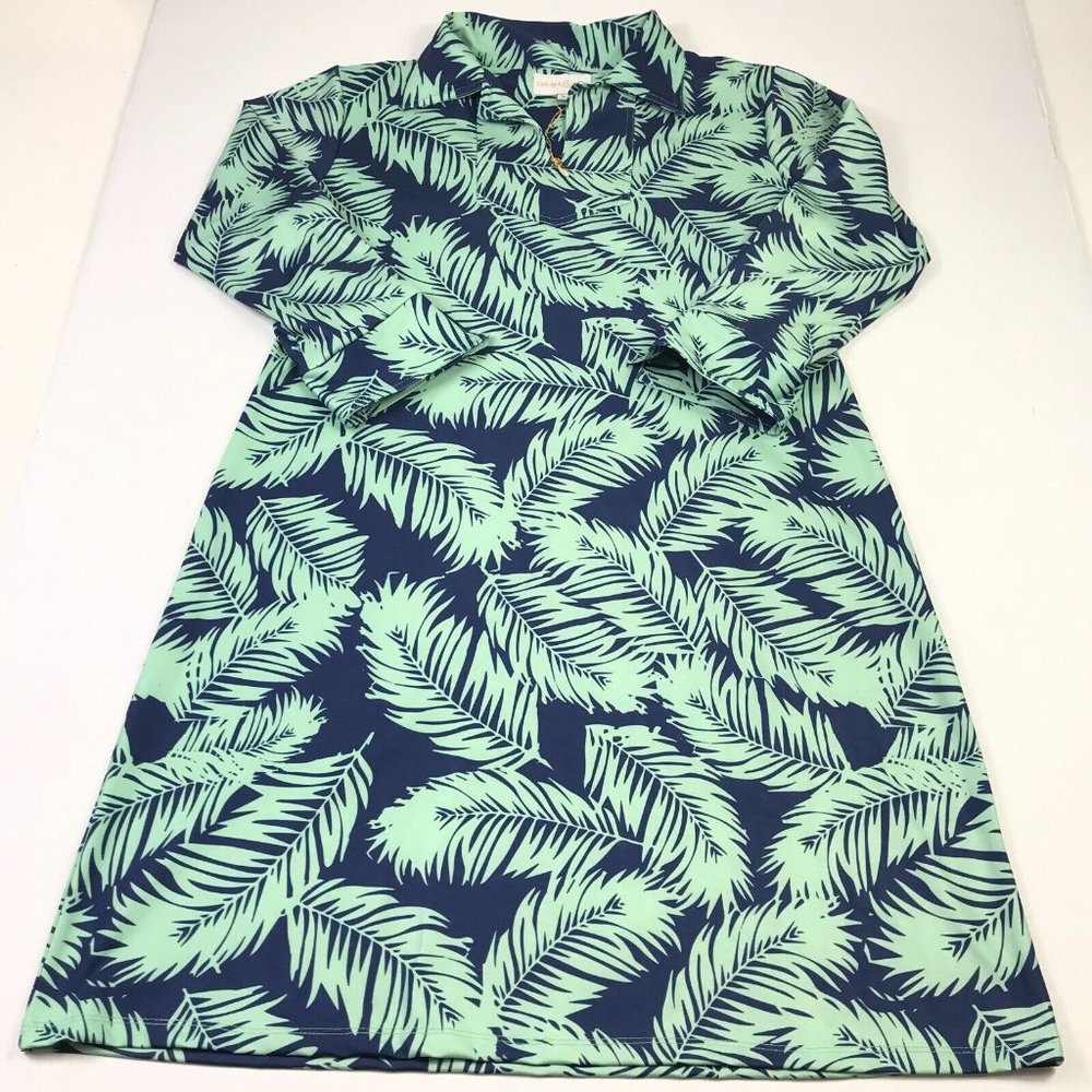 Chelsea and Gunn Women's Navy and Mint Leaf-Print Shirt Dress